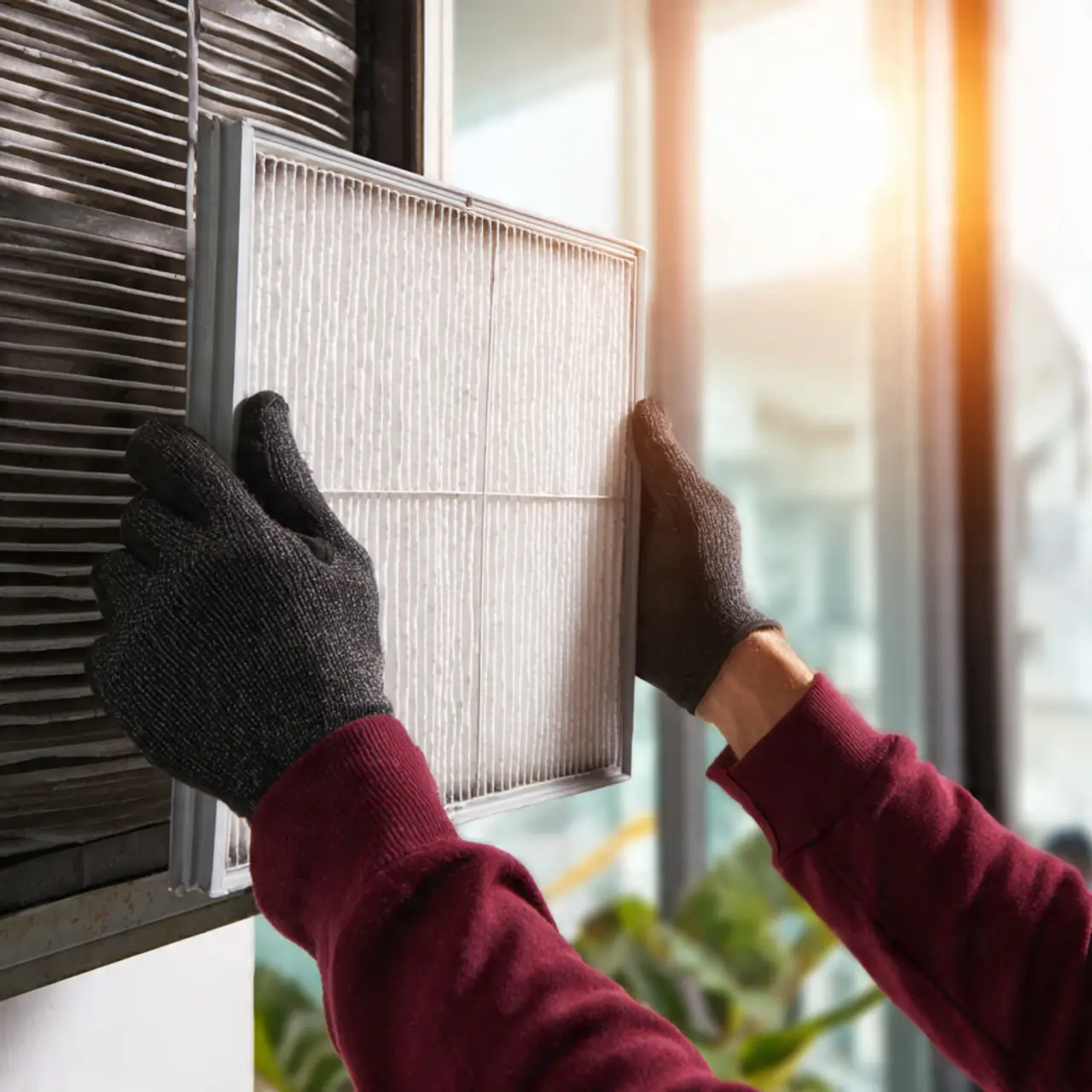 Technician replacing air filter to improve indoor air quality in Pearland Texas