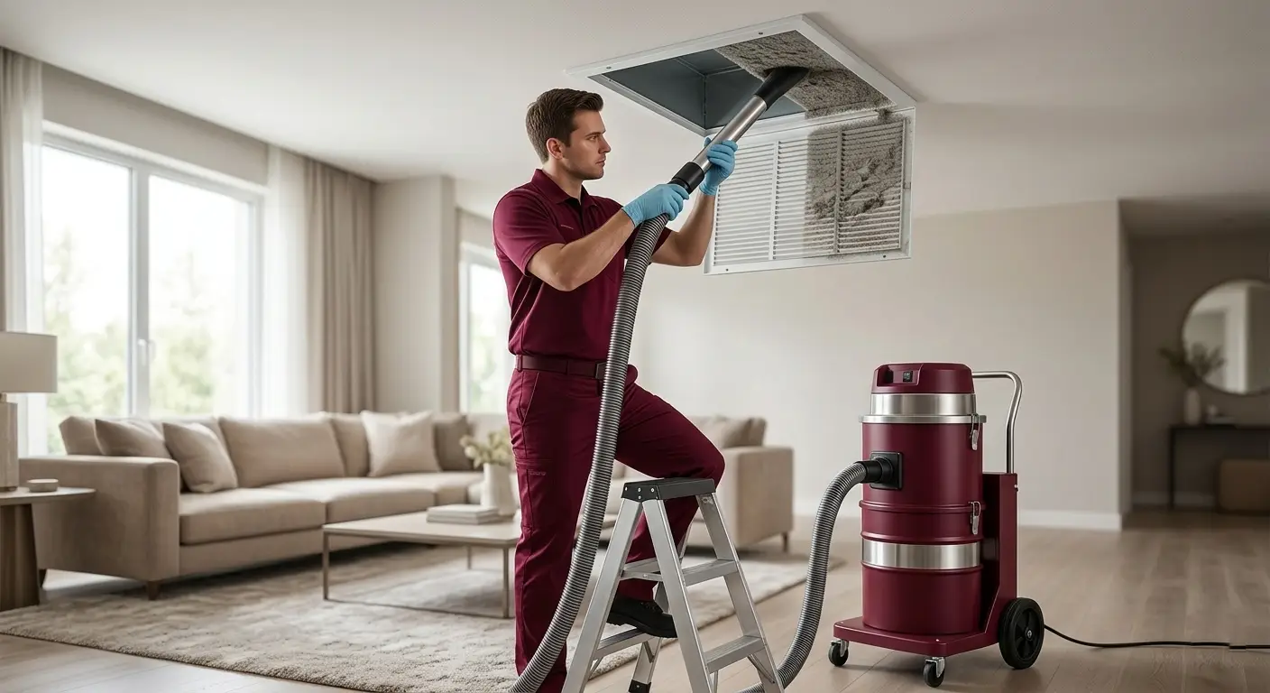 Professional technician cleaning a residential ceiling air vent