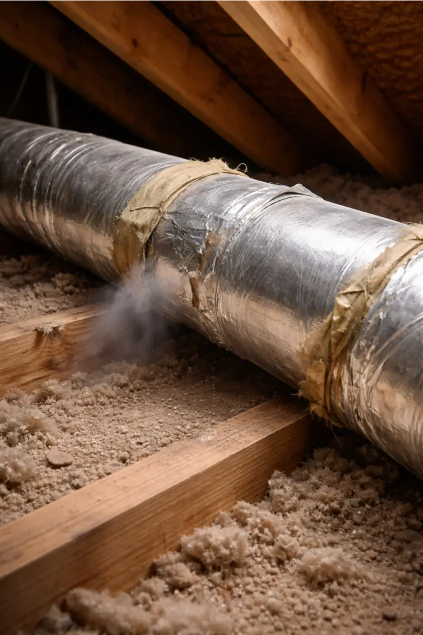 Leaky air ducts before professional duct sealing service in Pearland Texas