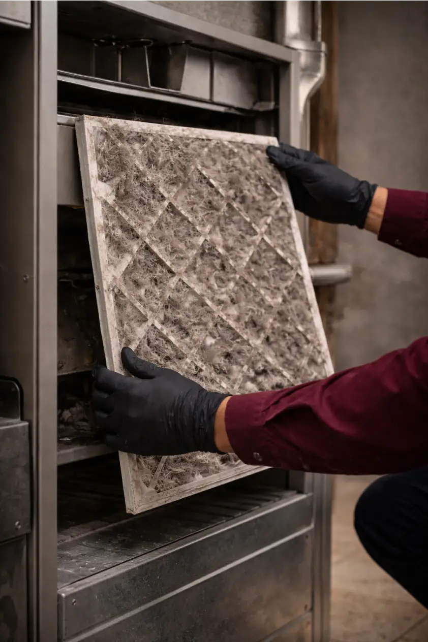 Dirty HVAC air filter before replacement service in Pearland Texas