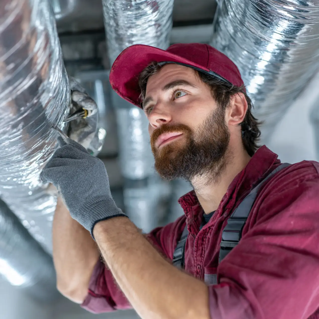 Technician performing duct sealing and leak repair service in Pearland Texas