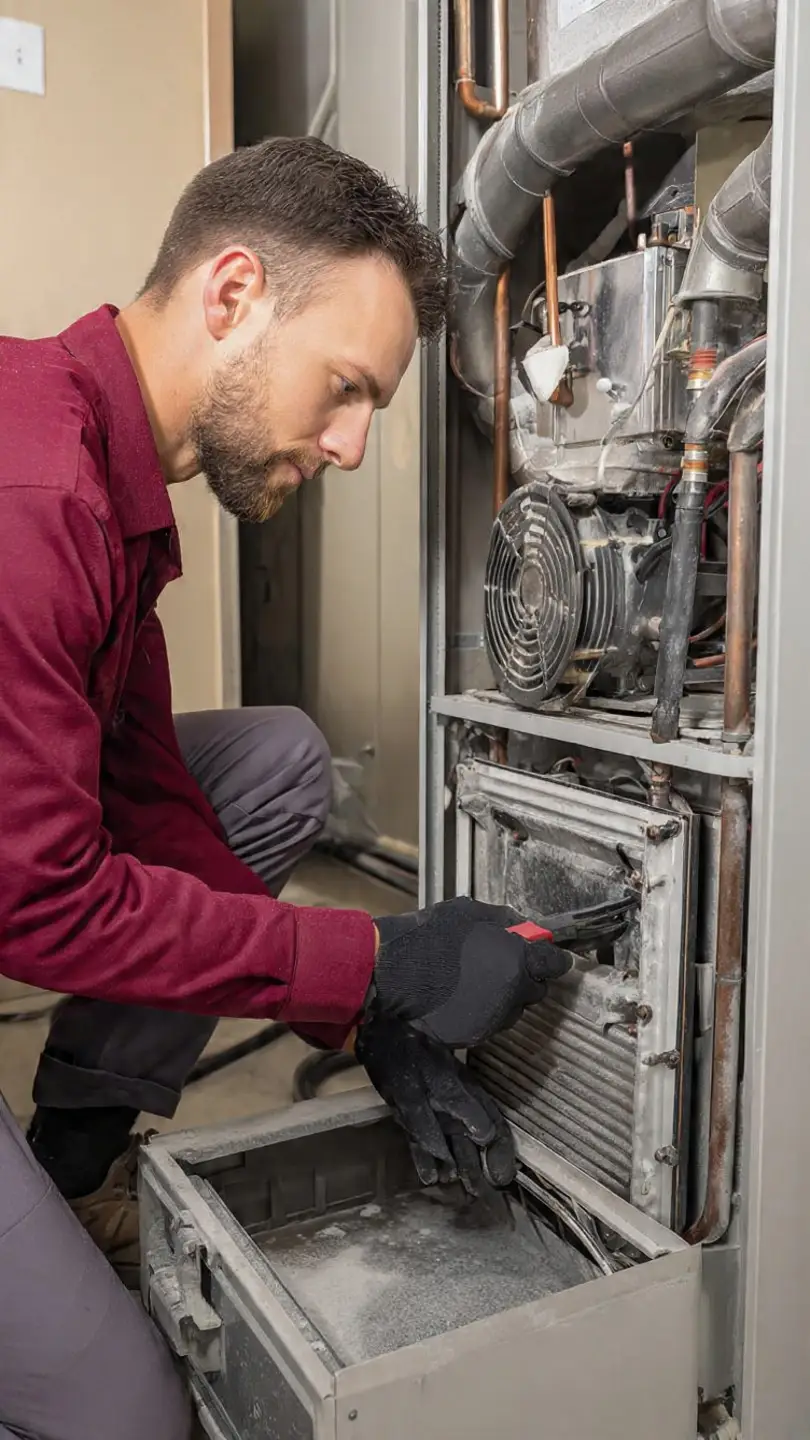 Technician performing furnace cleaning to improve energy efficiency in Pearland Texas home