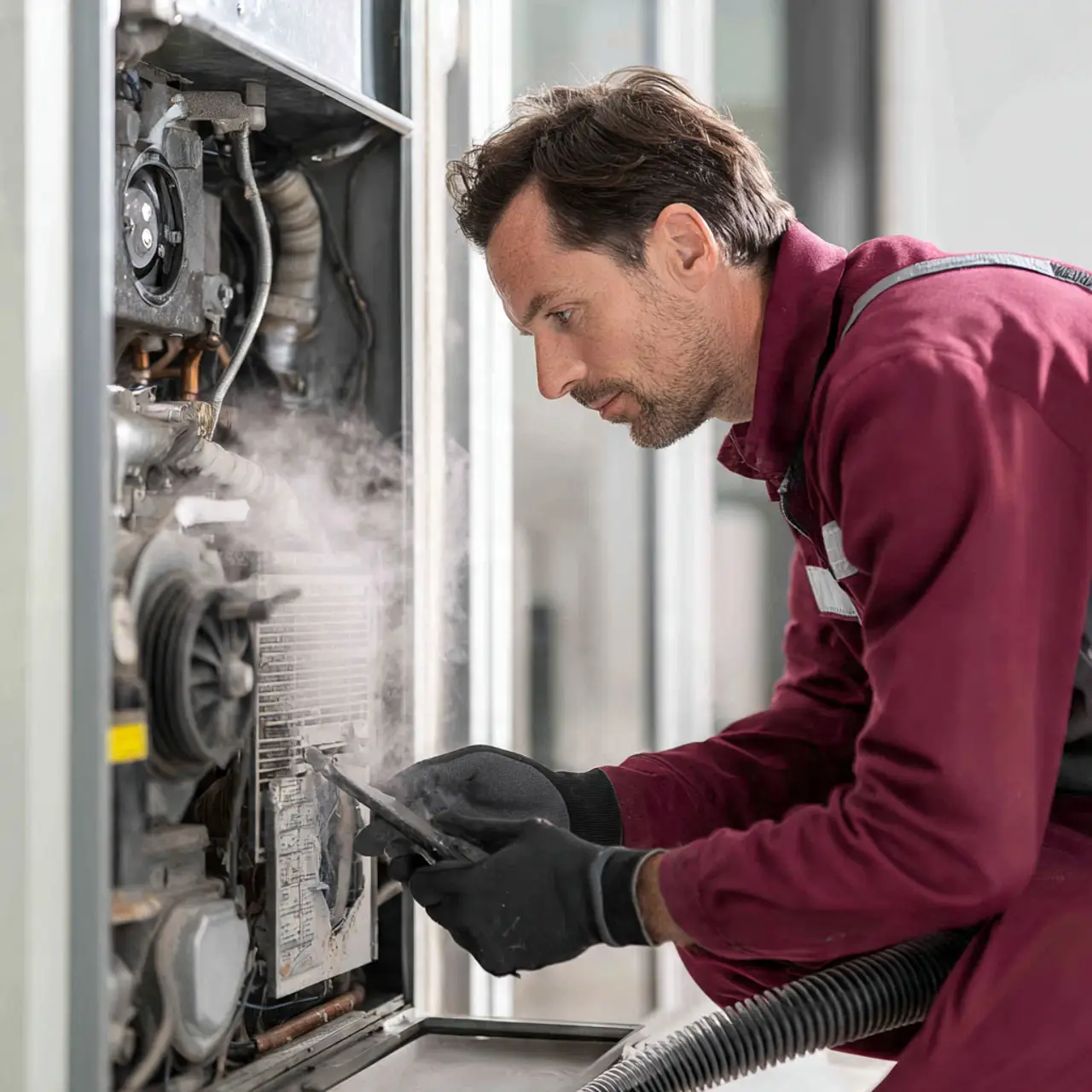 Technician performing furnace cleaning to improve indoor air quality in Pearland Texas