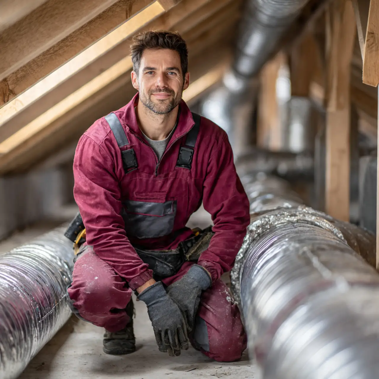 HVAC technician performing duct sealing and leak repair service in Pearland Texas home