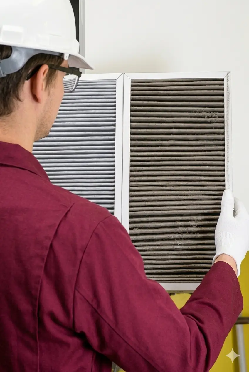HVAC technician replacing an air filter during furnace cleaning service in Pearland Texas