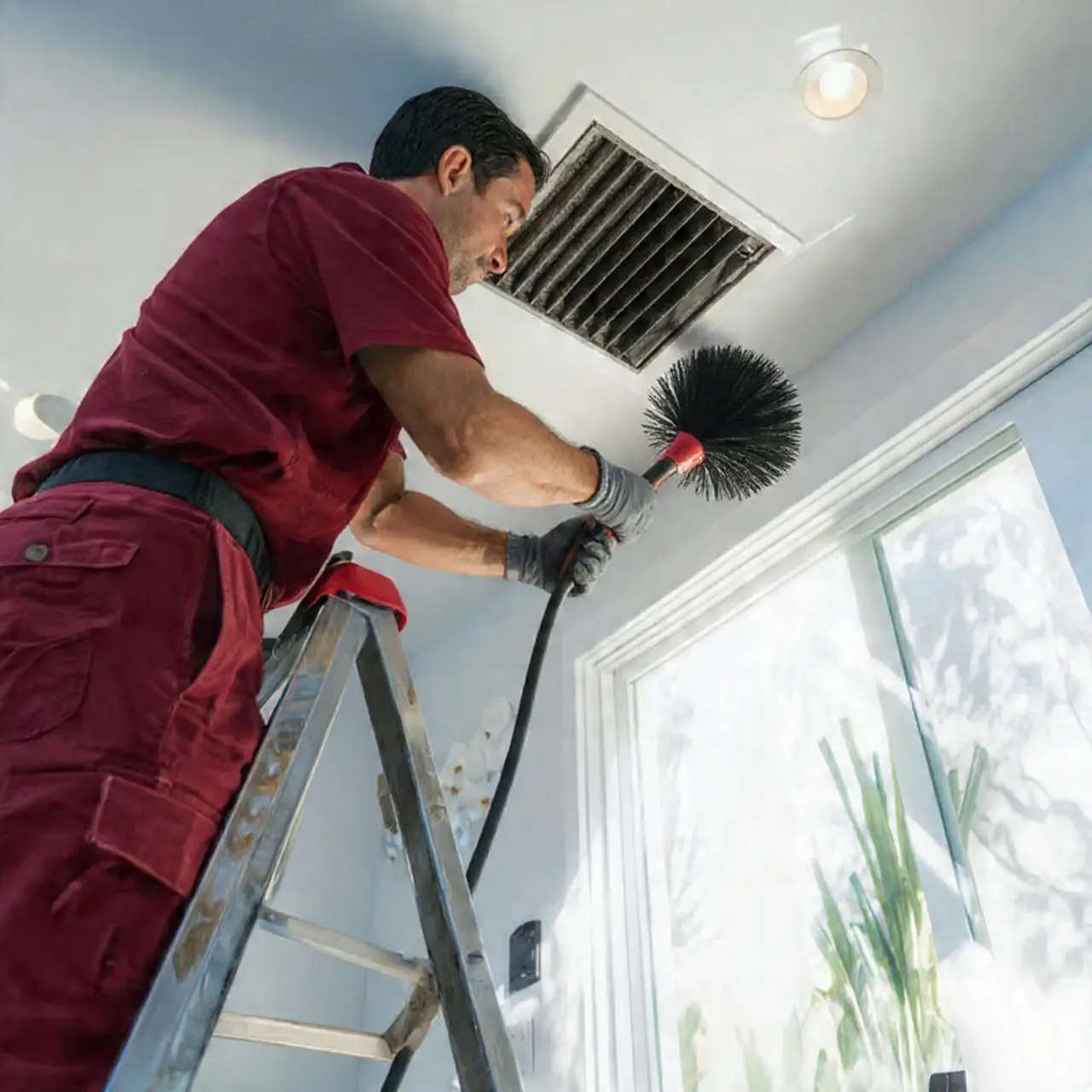 Technician performing professional ceiling air vent cleaning service in Pearland Texas