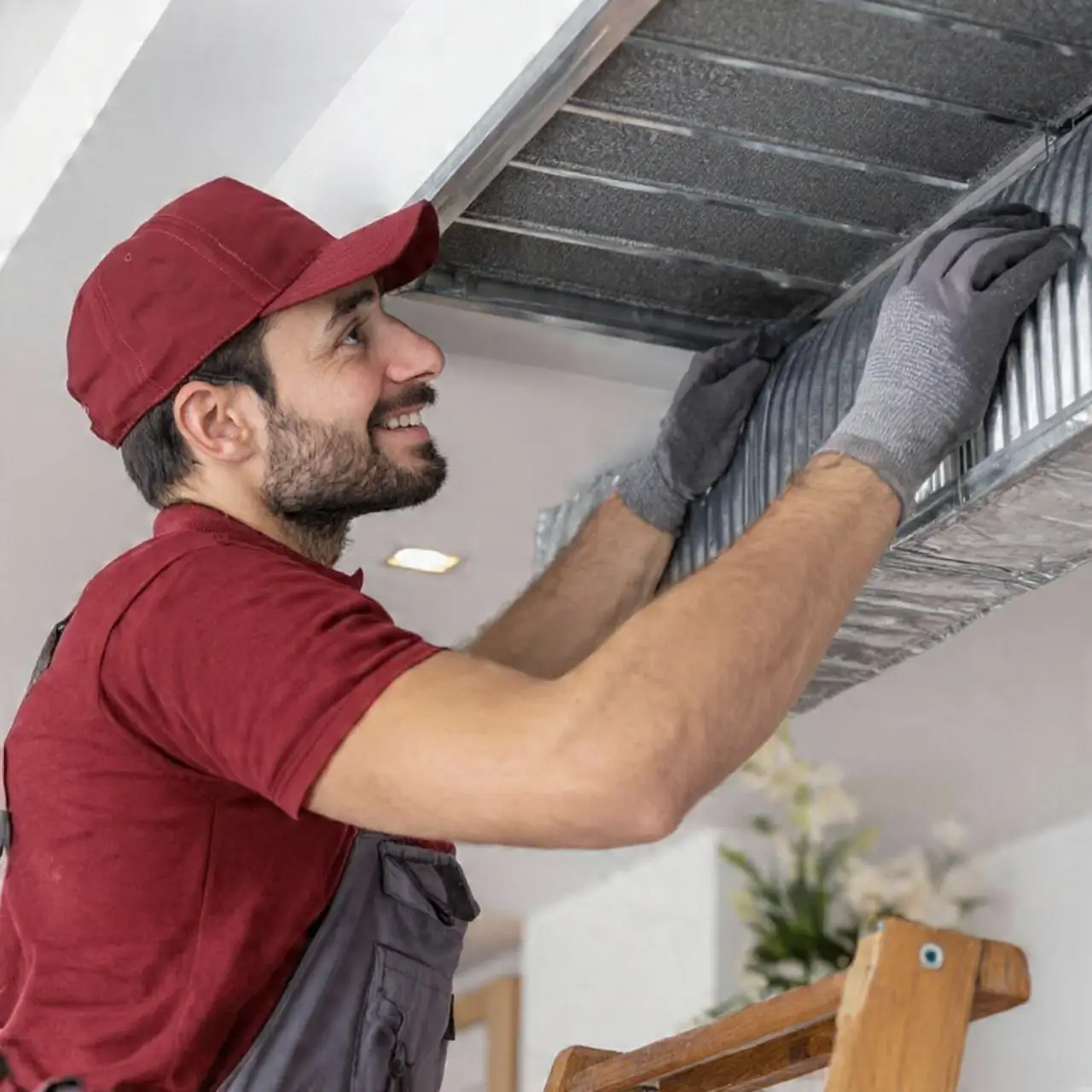Residential air duct cleaning technician improving airflow in a Pearland Texas home